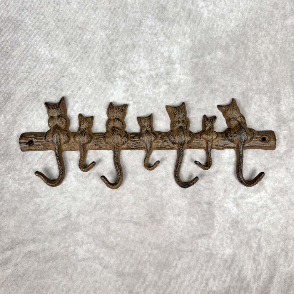 Cast Iron Cat Tail Wall Hook Rack 7 Hooks Rustic Brown Metal Key Leash Holder